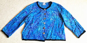 Womens Top-VERY VINEYARD-Martha's Vineyard-blue/purple Batik button-up 3/4 slv-M